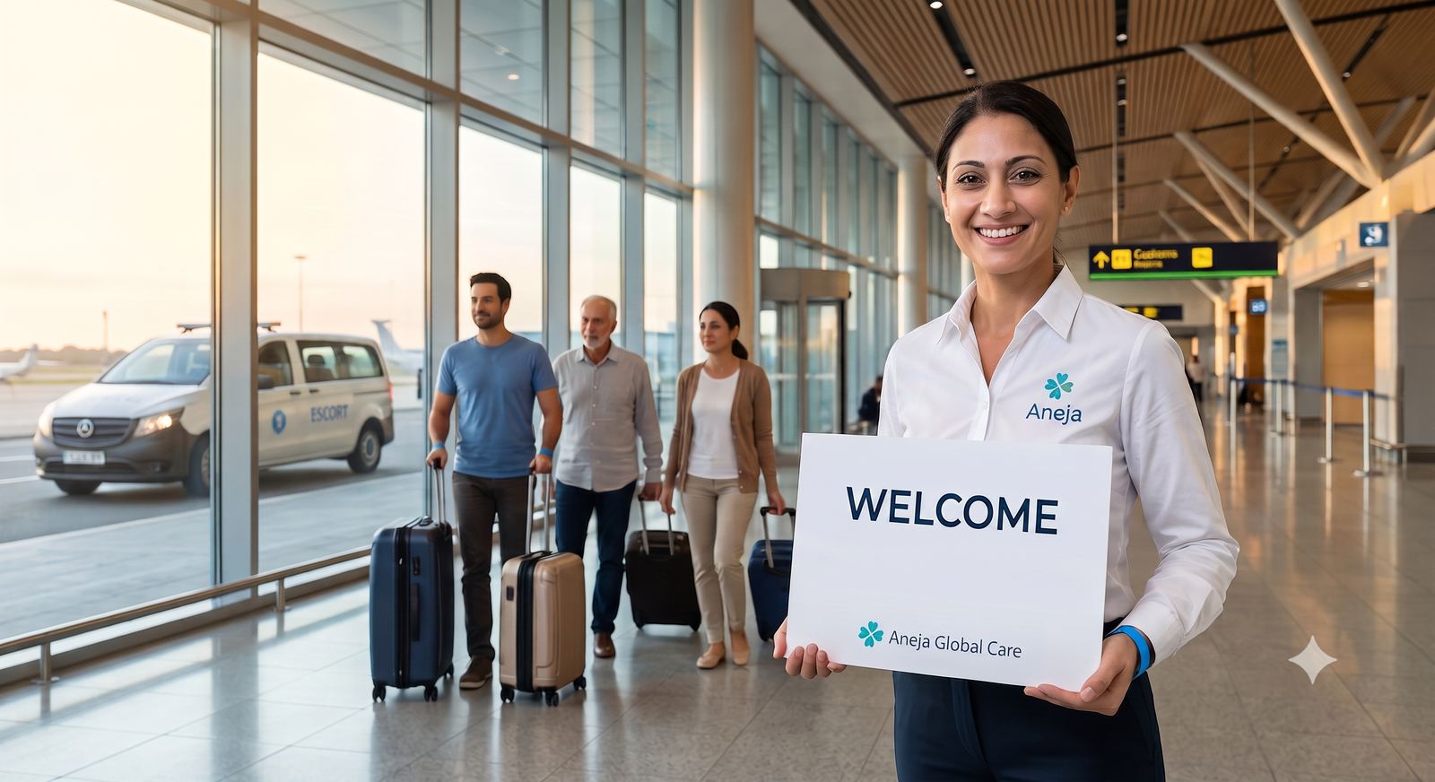 Aneja Global Care coordinator welcoming a family on arrival at the airport