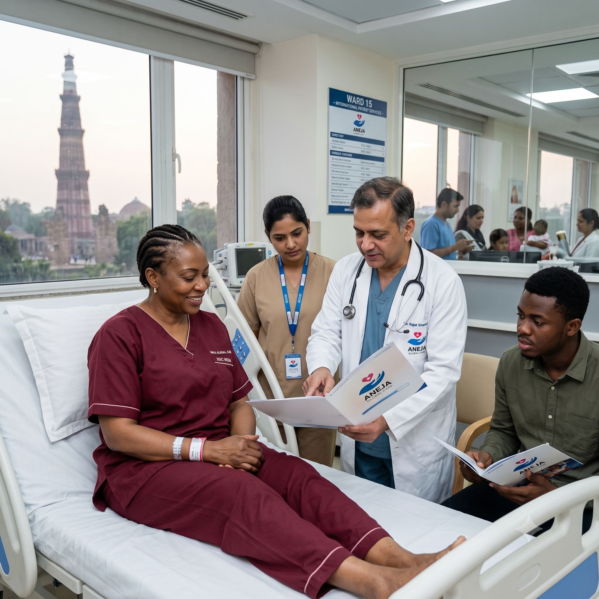 Aneja Global Care coordinator, doctor, and family at an international patient's bedside in a Delhi hospital ward