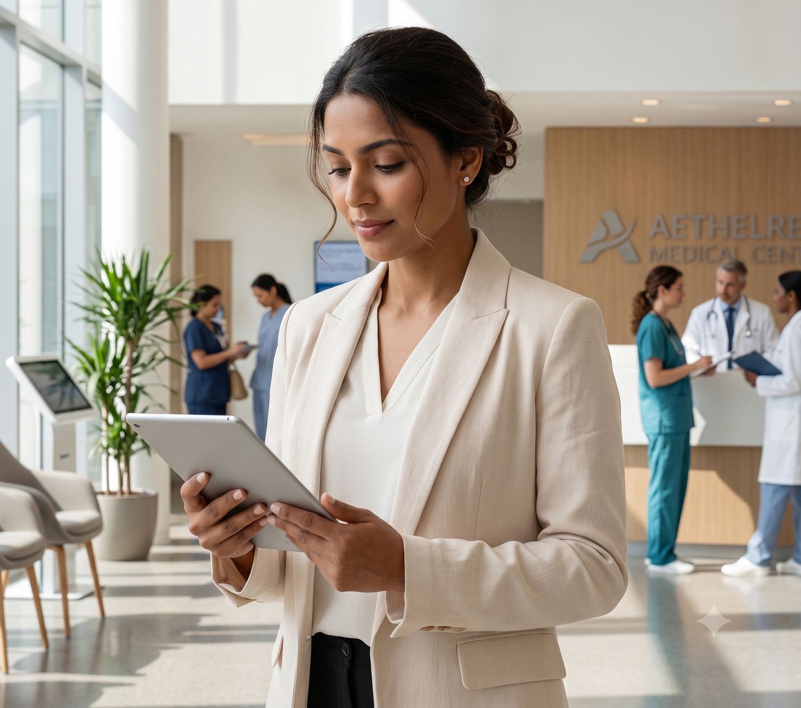 Aneja Global Care patient coordinator reviewing a case file in a hospital lobby