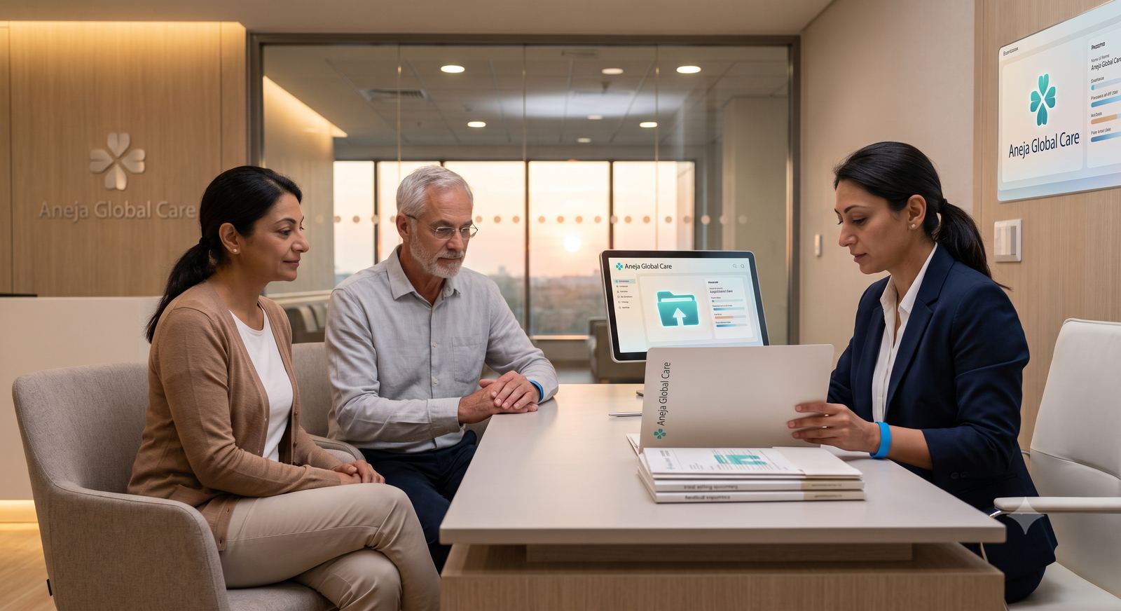 Family reviewing discharge summary and billing with an Aneja Global Care coordinator